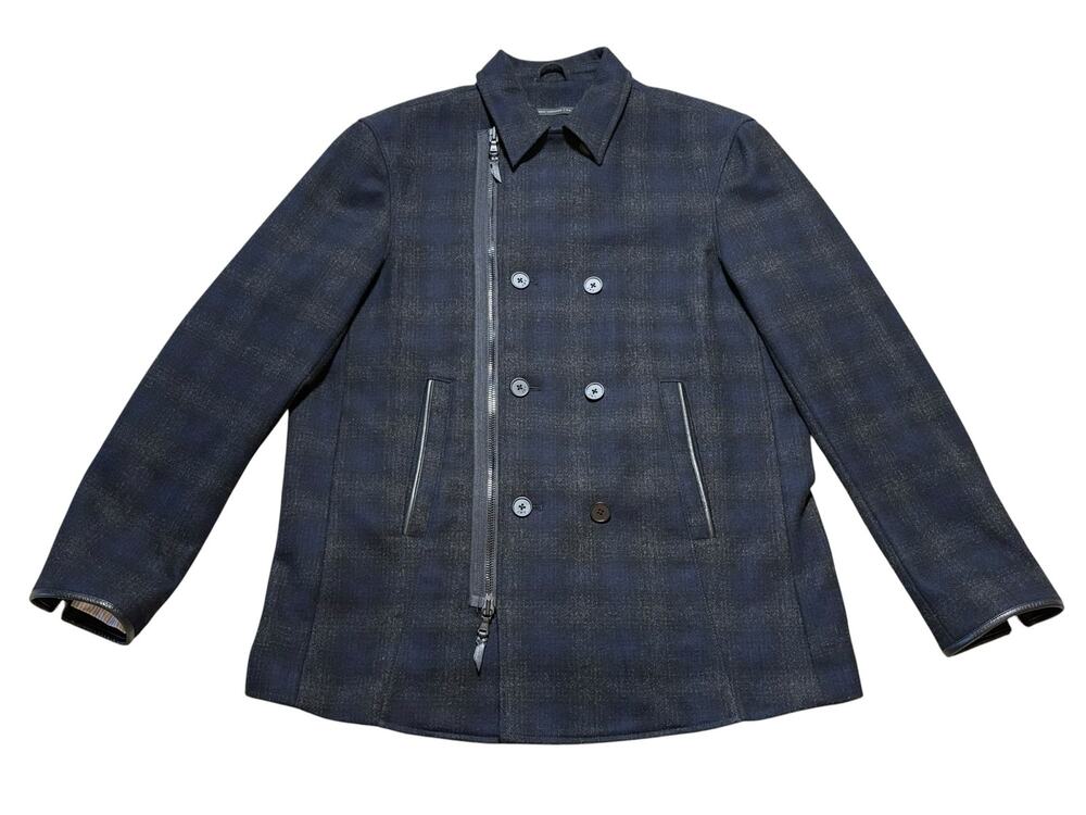 John Varvatos Star USA Tartan Plaid Wool Double Breasted Pea Coat Jacket XL